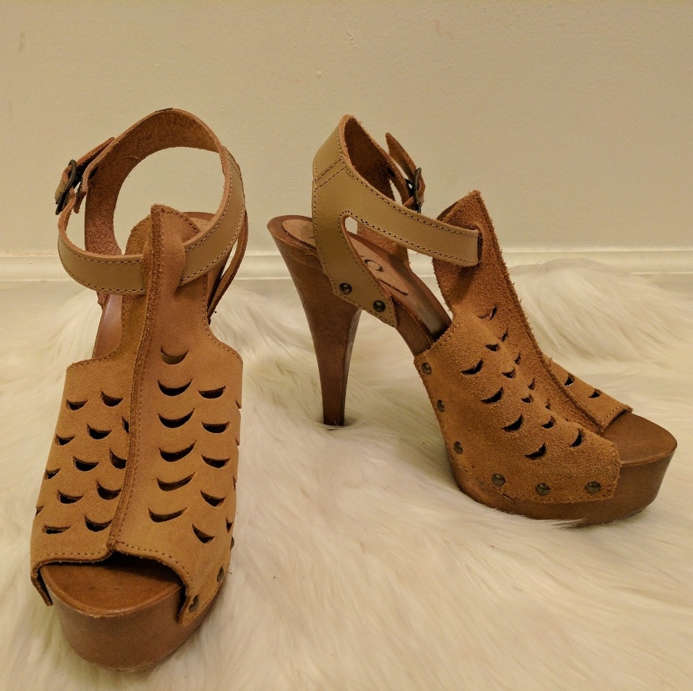Suede Wooden Platform Heels